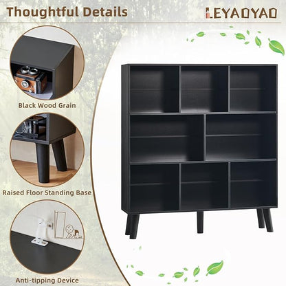 LEYAOYAO 8 Cube Bookshelf,3 Tier Bookcase with Legs,Black Mid-Century Modern Bookshelves,Large Open Storage Organizer Shelf, Wooden Book Case