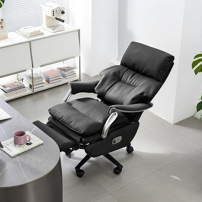 EMIAH Ergonomic Office Chair with Foot Rest Electric Executive Office Chair Reclining with Massage Big and Tall High Back Computer Chair with Wheels, Genuine Leather (Black)