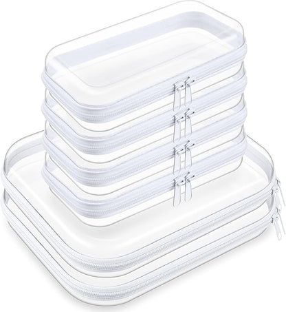 Sanwuta 6 Pcs Clear Hard Zipper Case Plastic Zipper Pouches Transparent Makeup Bag Pencil Case Pouches Toiletry Diaper Bag for Travel Toy Storage Organizer Bins(Clear,Two Sizes)