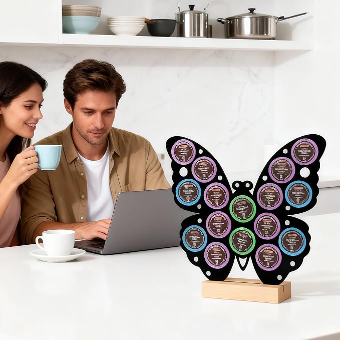Butterfly Shaped K Cup Holder, Coffee Pod Storage Organizer for 16 Capsules, Classic Black Coffee Bar Accessories, Compatible with Most K-Cups, Suitable for Home Kitchen & Office Countertop