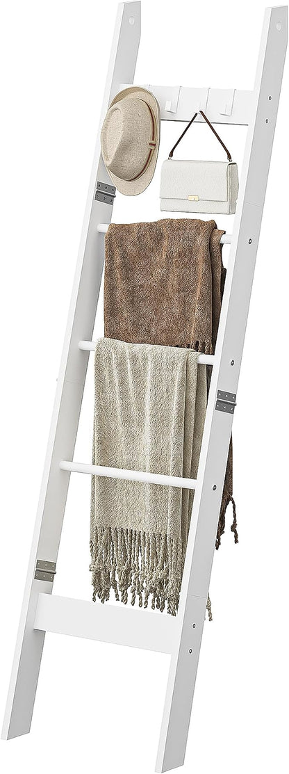 Hzuaneri Blanket Ladder for Living Room, Decorative Quilt Rack with 4 Removable Hooks, 5-Tier Farmhouse Ladder Holder Shelf Organizer for Bedroom, White BR02113W