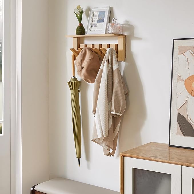 YMYNY Coat Rack Wall Mount with Shelf, Wall Shelf with Retractable Hooks, Wooden Wall Coat Rack for Hanging Clothes/Coats/Keys/Hats/Towels/Bags, Natural, HWS008N