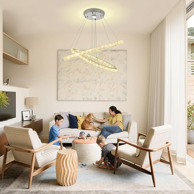 23.6'' Dimmable Oval Crystal Chandelier 2-Ring LED Pendant Island Light with Remote & App Control, 3-Color 2500K–6500K, Adjustable Height for Kitchen Dining Living Room Bedroom