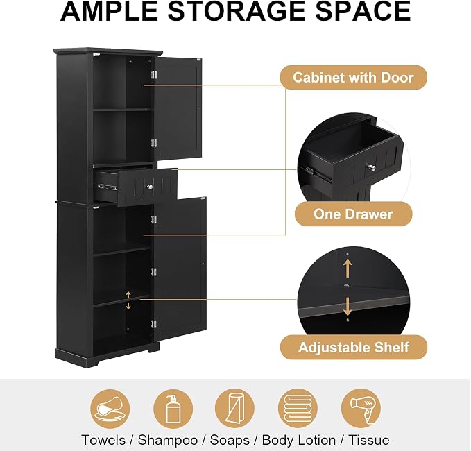 Bathroom Storage Cabinet, Tall Cabinet with Adjustable Shelf | Tall bathroom storage cabinet, 2 enclosed cabinets and middle pull-out compartment keep daily essentials organized