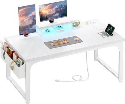 Computer Desk with Power Outlets & 0.95 inch Thicker Desktop, Gaming Desk with Monitor Stand & LED Light & Storage Bag, White Writing Desk for Home Office, Study, Bedroom, White