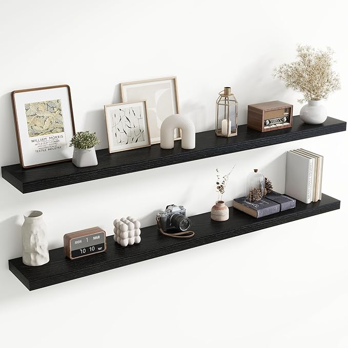 72 Inch Floating Shelves for Wall, 8 Inch Deep Floating Shelf for Storage & Display, Rustic Wall Mounted Shelf with Invisible Brackets for Living Room, Kitchen, Bathroom, Home Decor, Set of 2, Black