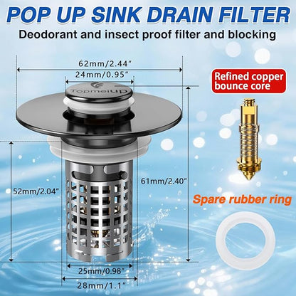 Sink Stopper Hair Catcher, Pop-up Sink Drain Strainer with Removable Stainless Steel Strainer Basket Hair Catcher, Bathroom Sink Strainer for Bathroom Sink Stopper (2, Matte Black)