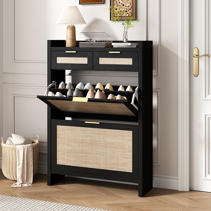Rattan Shoe Storage Cabinet with 2 Drawers & 2 Flip Drawers – Hidden Slim Shoe Organizer for Entryway, Large Tabletop Space, Farmhouse Boho Narrow Shoe Rack, Rustic Black