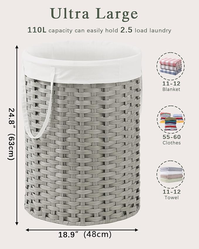 Laundry Basket Round Rattan Laundry Hamper 29.1 Gal(110 L) Handwoven Large Wicker Basket with Handles, Wicker Hamper with Removable Bags and 2 Mesh Bags for Bathroom Living Room Gray(No Lid)