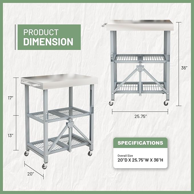 Hymula 3-Tier Stainless Steel Rolling Utility Cart, 300 LBS Capacity Heavy Duty Foldable Service Cart with Wheels for Kitchen, Garage, Restaurant, Warehouse & Outdoor Use