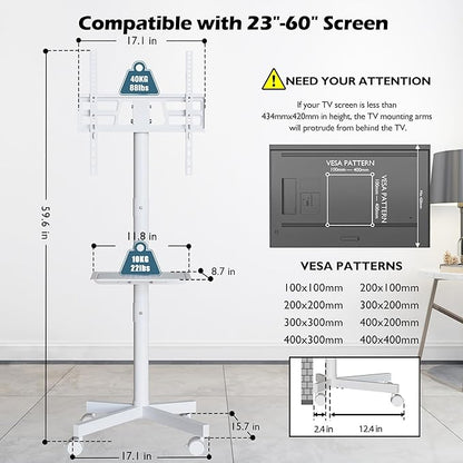 BONTEC Rolling TV Stand with Tilt, Mobile TV Stand Wheels for 23–65 Inch TVs, Portable Outdoor TV Cart with Adjustable Shelf for Living Room, Bedroom, Holds 88 lbs, Max VESA 400x400mm, White
