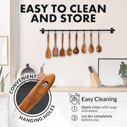 Zulay Kitchen Premium 8-Piece Wooden Spoons - Smooth Finish, Natural Teak Wood, Non-Stick, Handmade