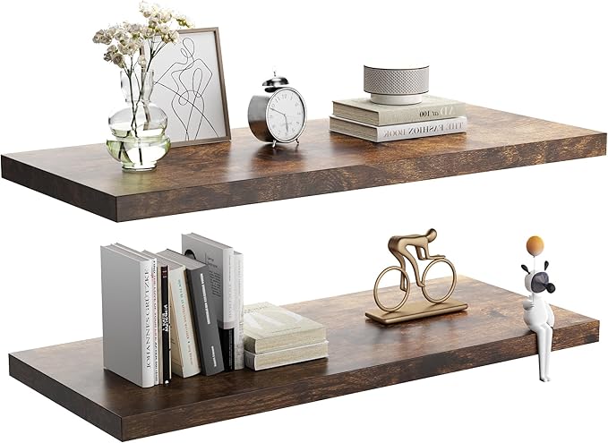 JPND Wall Shelf Set of 2, Rustic Brown Floating Shelves 36 in W x 10 in D x 1 in H, Wooden Floating Wall Shelf with Invisible Brackets for Living Room/Bedroom/Bathroom/Kitchen Storage and Decor