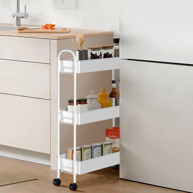 Slim Rolling Cart, Metal Frame Utility Rolling 3-Tier Narrow Storage Cart with Handle Kitchen Storage Organizer, Mobile Shelving Unit for Bathroom Kitchen