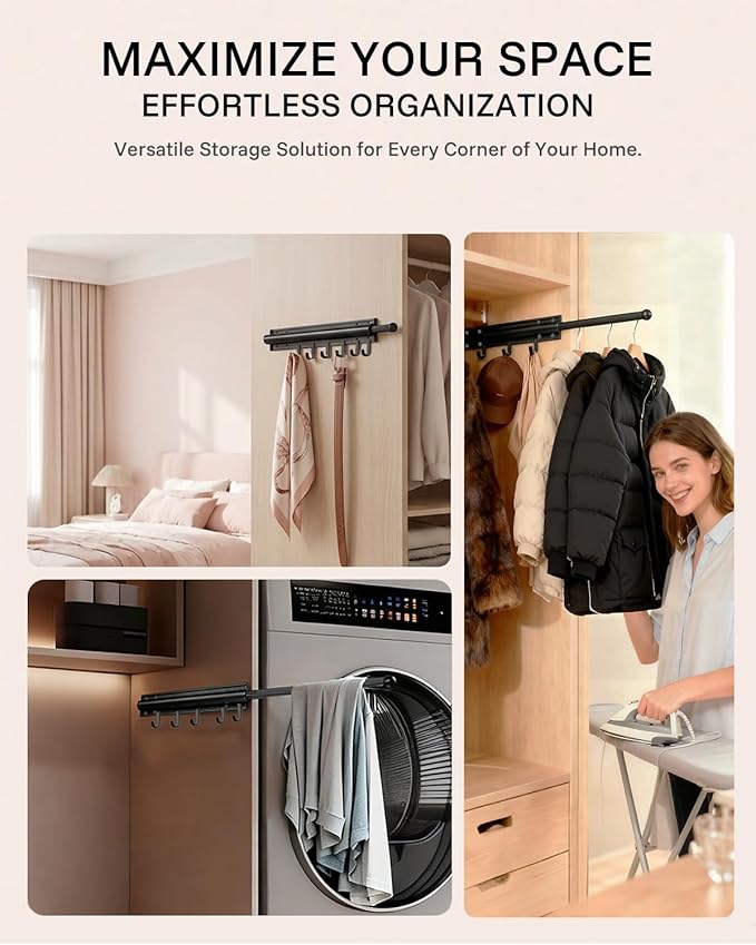 16 inch Valet Rod for Deeper Closet Pull Out, Closet Valet Rod Slide Out Pull Out Clothes Hanger With 6 Hooks Closet Organization and Storage (Black)