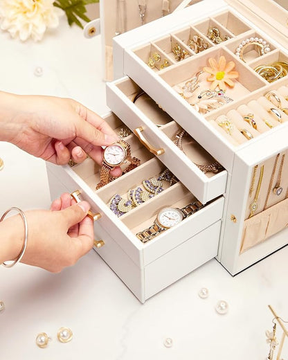 Jewelry Box with 3 Drawers: Display Organizer for Earrings Necklaces - Gift for Girls Women (White)
