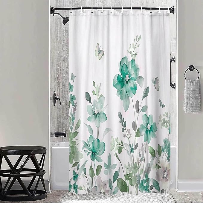 Teal Floral Shower Curtain, Teal Lavender Floral Butterfly Boho Shower Curtains for Bathroom, Farmhous Flower Cute Fabric Shower Curtain Set with 12PCS Hooks, 60X70IN