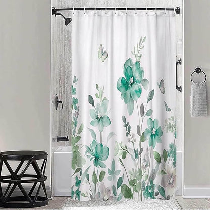 Teal Floral Shower Curtain, Teal Lavender Floral Butterfly Boho Shower Curtains for Bathroom, Farmhous Flower Cute Fabric Shower Curtain Set with 12PCS Hooks, 70X75IN