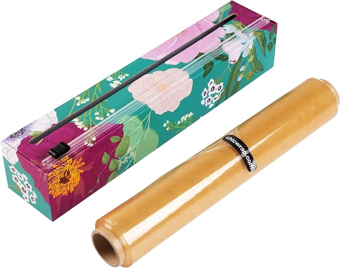 Chicwrap Spring Flowers Refillable Plastic Wrap Dispenser - One 12" x 250' Roll of Professional Grade Plastic Wrap - BPA Free and Kosher Certified - Reusable Dispenser w/Slide Cutter