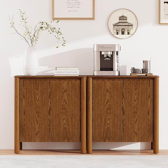 Buffet Cabinet with Storage, Accent Sideboard Cabinet with Adjustable Shelves, Solid Wood Freestanding Storage Cabinet for Living Room Dining Room Entry Kitchen, Light Brown