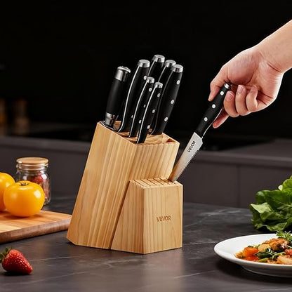 VEVOR Kitchen Knife Set with Block and Sharpener, 15 Piece High Carbon Stainless Steel Sharp Knife Set, Kitchen Cutlery with Ergonomic Handle, Sharpening Rod and Premium Wooden Block, for Home Cooks