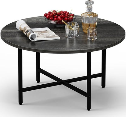 Round Coffee Table, Small Coffee Tables for Living Room, Wood Coffee Table with Metal Frame, Floor Table Desk for Sitting on The Floor, Home, Office, Farmhouse, Dark Gray (23.6" D x 17.7" H)