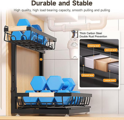 Sevenblue 2 Packs Under Sink Organizer, Height Adjustable 2 Tier Under Kitchen Sink Organizer, Multi-Purpose Storage Shelf for Kitchen Bathroom Cabinet (Black, Extra Large)