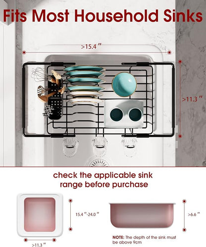 Sakugi Dish Drying Rack in Sink - Expandable Stainless Steel Dish Rack Over The Sink, Kitchen Sink Drain Strainer with Cutlery Holder & Cup Holders, 15.4 x 11.3 x 6.6 Inch, Black