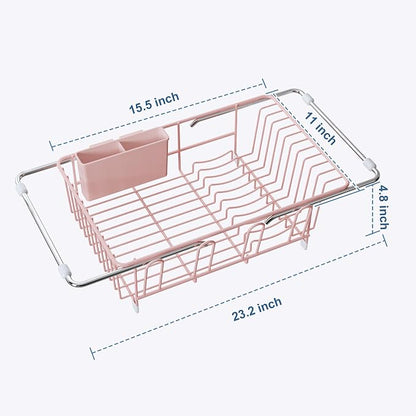 JASIWAY Pink Dish Drying Rack in Sink, Expandable Stainless Steel Dish Drainers for Kitchen Counter, Dish Dryer Rack for Inside Sink, Over The Sink Dish Racks with Utensil Holder