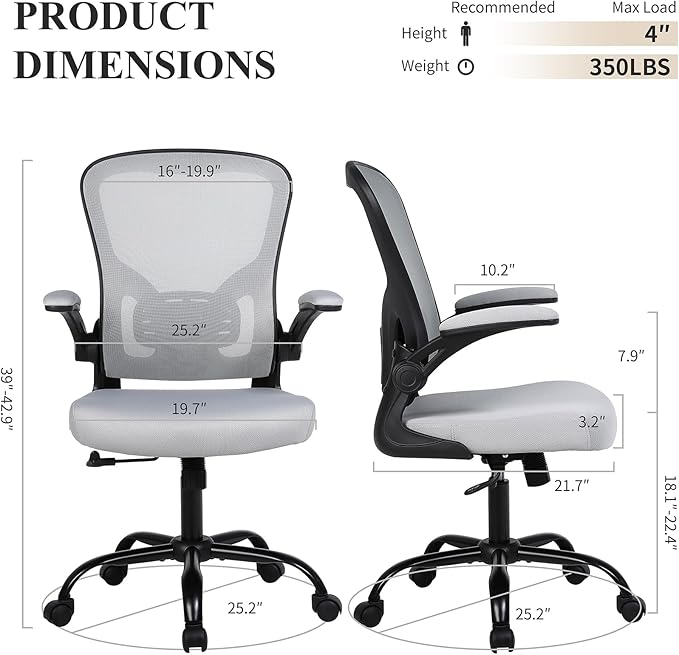 Flysky Ergonomic Office Chair, Mesh Home Office Desk Chair with Flip-up Arms and Lumbar Support, Height Adjustable, Swivel, Gray
