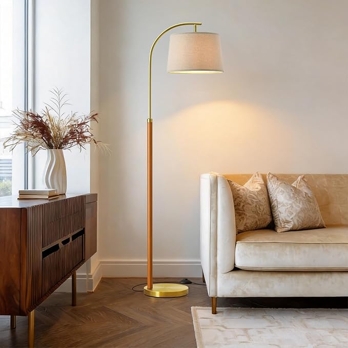 62.5" Wood Floor Lamp for Living Room Gold with Foot Switch Arc Standing Tall Lamps for Bedroom Mid Century Modern Corner Floor Lamps for Office Nursery Industrial Reading Light Room Lamp