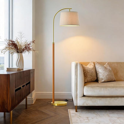 62.5" Wood Floor Lamp for Living Room Gold with Foot Switch Arc Standing Tall Lamps for Bedroom Mid Century Modern Corner Floor Lamps for Office Nursery Industrial Reading Light Room Lamp