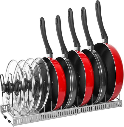 ROOHUA Pot Rack Organizer -Expandable Pot and Pan Organizer for Cabinet,Pot Lid Organizer Holder with 10 Adjustable Compartment for Kitchen Cabinet Cookware Baking Frying Rack Grey