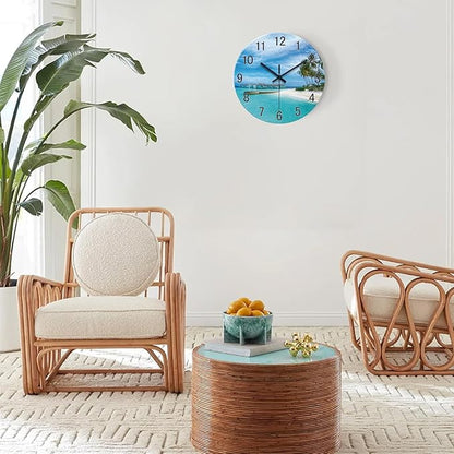 XFM Beach Wall Clock Battery Operated 14 Inch Blue Ocean Wall Clocks Silent Coastal Nautical Clock Decorative for Bathroom Kitchen Living Room Office