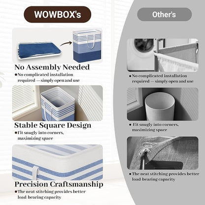 WOWBOX 2 Pack Laundry Baskets, Laundry Hampers, Freestanding Dirty Clothes Hampers with Reinforced Handles & Cross Stitch & Waterproof Coating, for Laundry Bedroom Bathroom Dorm,100L Blue