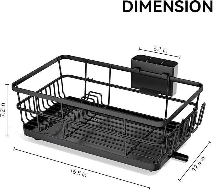 TOOLF Dish Drying Rack, Dish Racks for Kitchen Counter, Stainless Steel Sink Organization and Storage Essentials with Cutlery Holder, Dish Drainer, Home and Appartment Decor, 12.4''W x 16.5''L, Black