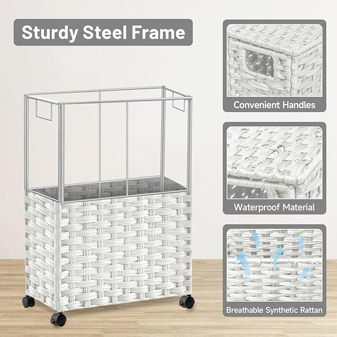Toilet Paper Storage Basket with Lid and Wheels, Rattan Toilet Paper Holder Storage, Toilet Paper Organizer for Bathroom, Bedroom, Kitchen, 12.6”L x 7.1”W x 17.14”H, White