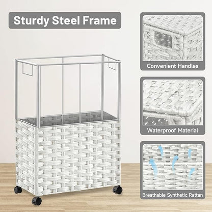 Toilet Paper Storage Basket with Lid and Wheels, Rattan Toilet Paper Holder Storage, Toilet Paper Organizer for Bathroom, Bedroom, Kitchen, 12.6”L x 7.1”W x 17.14”H, White