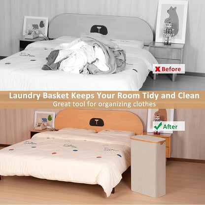 iEGrow 65L Slim Laundry Hamper, Narrow Laundry Basket with Lid,Foldable Clothes Hamper with Bamboo Handles,Hamper Basket with Removable Inner Bag for Laundry Room Bedroom College Dorm,Oatmeal