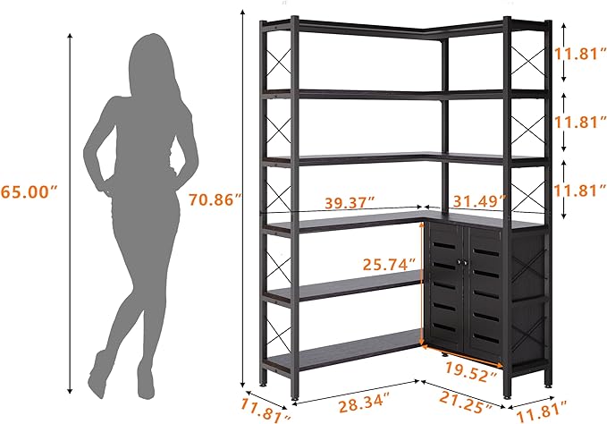 Jartoil Corner Bookshelves and Bookcases Industrial Corner Etagere Bookcase L Shaped Shelf 6 Tiers with Metal Frame for Living Room Home Office