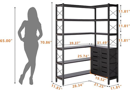 Wildhome 6-Shelf Corner Bookshelf, Vintage Industrial Corner Shelf Etagere Bookcase, Large Book Shelf with Metal Frame Open Storage Corner Cabinet (Black-Lockers)