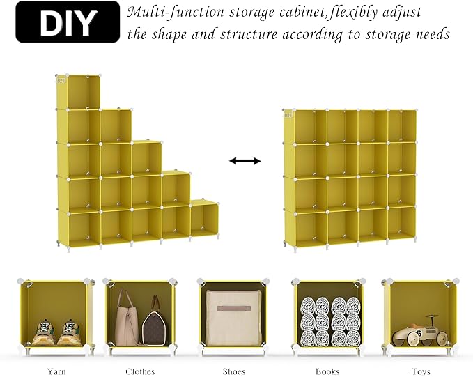 AWTATOS Cube Storage Organizer, Storage Cubes Shelves, 16 Cube Closet Organizers and Storage, DIY Stackable Bookshelf Plastic Clothes Organizer Shelving for Bedroom, Home, Yellow