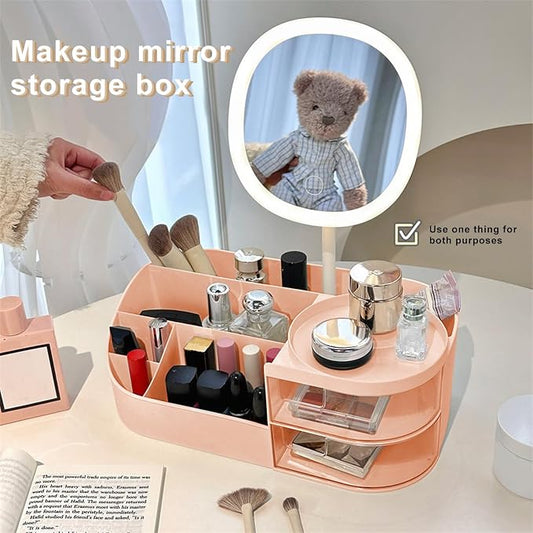 DASITON Makeup Organizer with Rechargeable Mirror,Makeup Brush Holder with 2 Drawers,Skincare and Cosmetics Organizer Countertop,Large Capacity Cosmetic Display Case for Vanity,Bedroom,Bathroom(Pink)