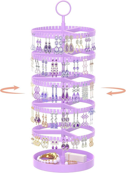 iDavosic.ly 5 Tier Rotating Earring Holder Organizer with Metal Tray, Adjustable Plastic Dangle Display Stands Tree with 285 Grooves, Large Hoop Storage Rack Tower, Purple