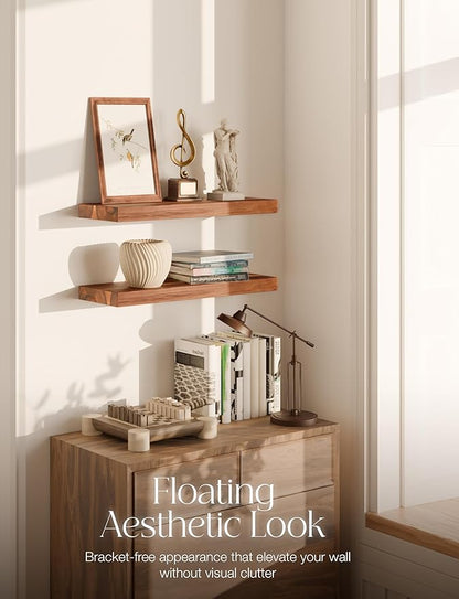 BATODA Set of 2 17" Acacia Wood Floating Shelves Wall Mounted – Rustic Farmhouse Wooden Wall Storage Shelf for Bedroom, Kitchen, Home Décor - Brackets and Shelving Mounting Hardware Included
