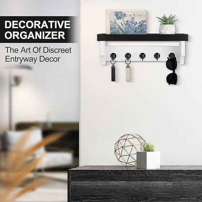 Key and Mail Holder Wall Mount, Key Holder with Shelf and Mail Organizer Wall Mount. Mail Holder with 5 Hooks for Coat, Dog Leash, Home Decor Rack, Entry Way Organizer (Black & White)
