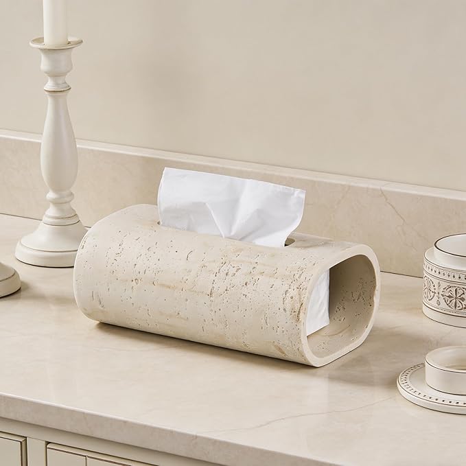 Natural Travertine Textures Tissue Box Holder Rectangle, Resin Facial Tissue Holder Cover, Decorative Bulk Tissue Paper Dispenser for Bathroom Kitchen Bedroom Living Room Office (Beige)