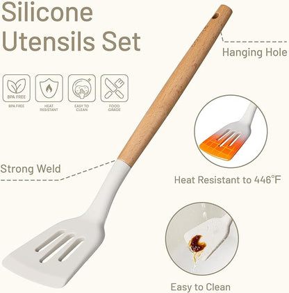 CAROTE Silicone Cooking Utensils Set, Kitchen Utensils Set 10 Pcs for cooking, BPA Free Spatula Set with Heat Resistant Wood Handles for Nonstick Cookware (Cream White)