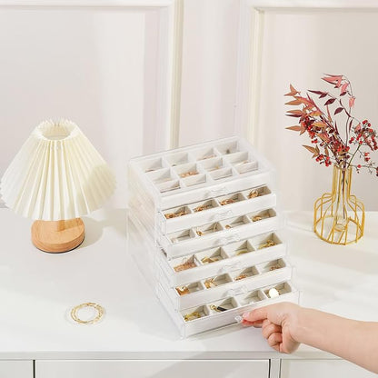 Lolalet Earring Holder Organizer Box Jewelry Storage with 6 Drawers, Clear Acrylic Stackable Earring Case with Adjustable Velvet Trays for Women on Dresser Vanity -Warmwhite, 6 Layers