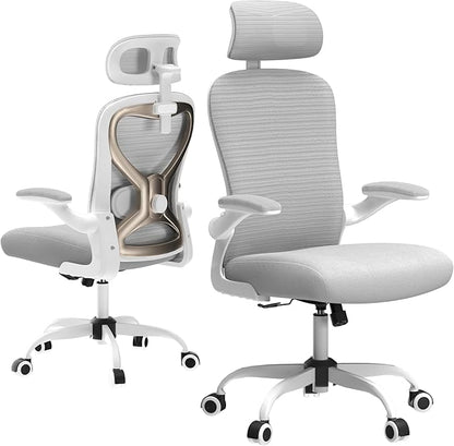 Home Office Desk Chairs, Ergonomic Office Chair with Lumbar Support & 3D Headrest, Computer Desk Chair with Flip-up Armrests, Perfect for Office or Study, Gray/Gold